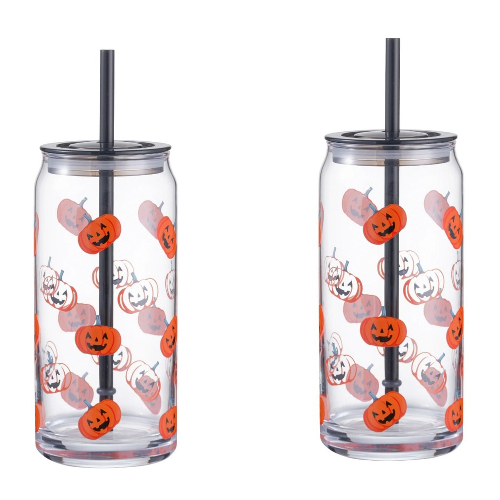 NEW BUNDLE OF 2 Halloween Pumpkin Clear Glass Drinkware One Size